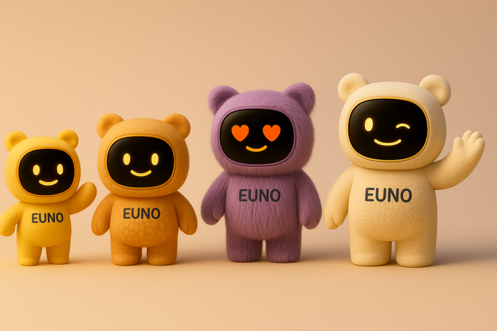 ne version alternative de la gamme montrant quatre robots EUNO de tailles différentes sur un fond neutre. À gauche, un petit robot jaune vif fait un signe de la main. Il est suivi d