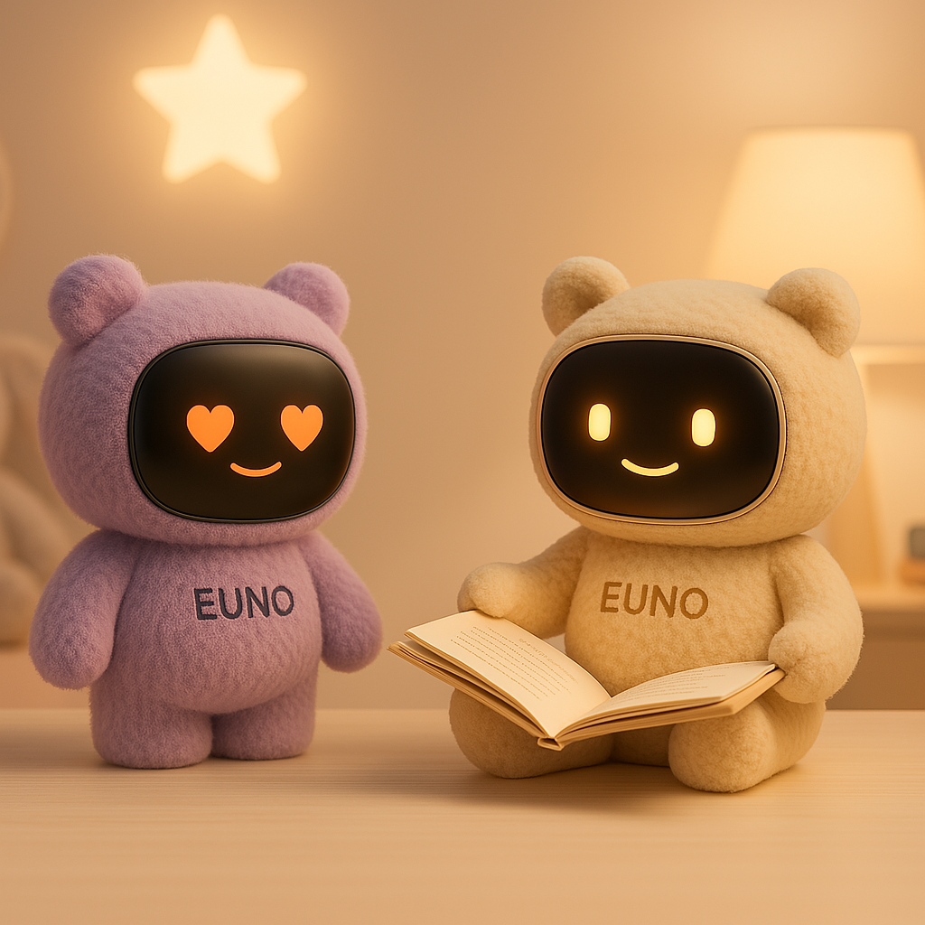 Un robot EUNO à la texture beige bouclée est assis et tient un livre ouvert, semblant lire à haute voix. À sa gauche, un second robot EUNO, de couleur violette et très duveteux, l