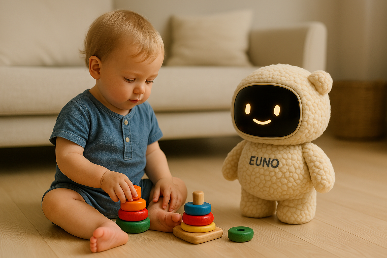 Un jeune enfant blond en t-shirt bleu joue au sol avec des anneaux colorés en bois. À ses côtés, un petit robot compagnon nommé "EUNO", à l