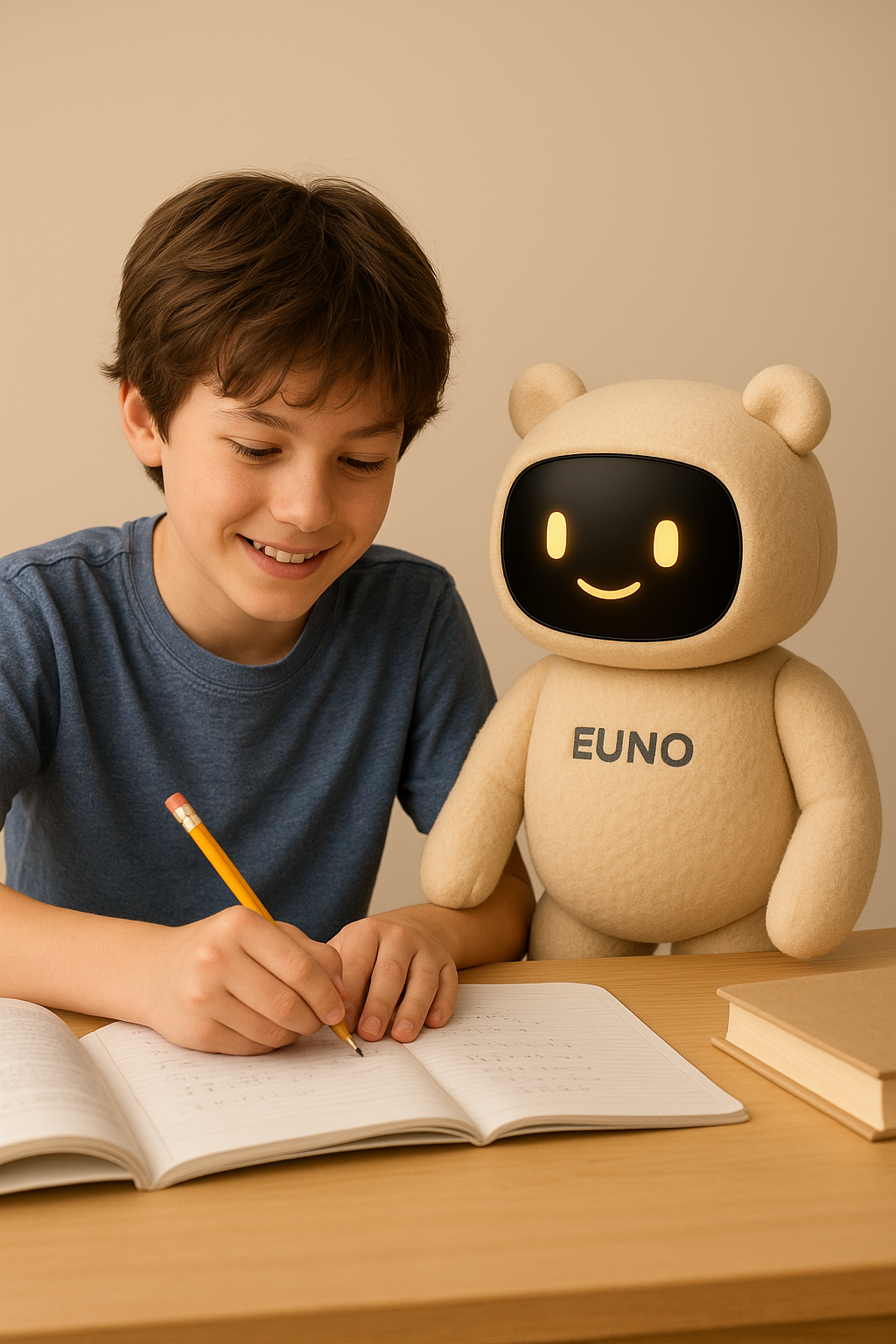 Un jeune garçon sourit en écrivant avec un crayon à papier dans un cahier ouvert sur un bureau en bois. À ses côtés, le robot EUNO l