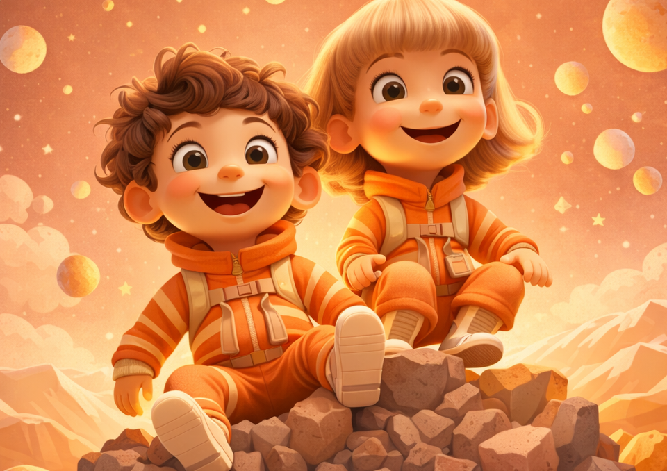 Illustration joyeuse de deux jeunes enfants, un garçon aux cheveux bouclés et une fille blonde, souriant avec enthousiasme. Ils portent des vêtements d